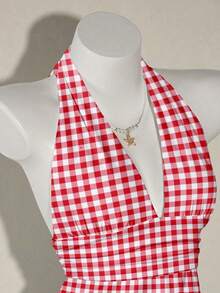 SHEIN ICON 女士红白格子露背吊带深V领A字背心 - 可爱复古Y2K甜美风，适合春夏、海滩度假、野餐、下午茶、节日、约会和旅行 - 彩色 - 查看 5