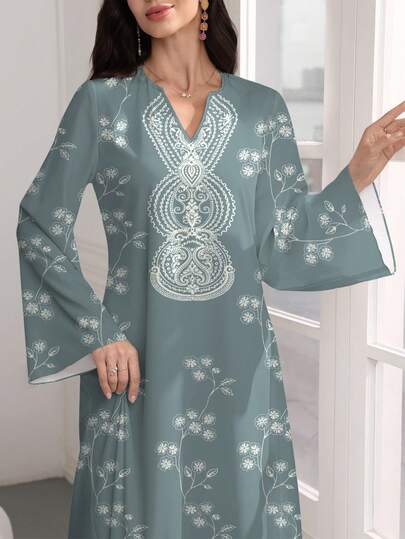 SHEIN Najma Cashew Flower Floral Print V-Neck Design Flared Long Sleeve Dress, Elegant Arabic Style Maxi Dress For Spring & Autumn