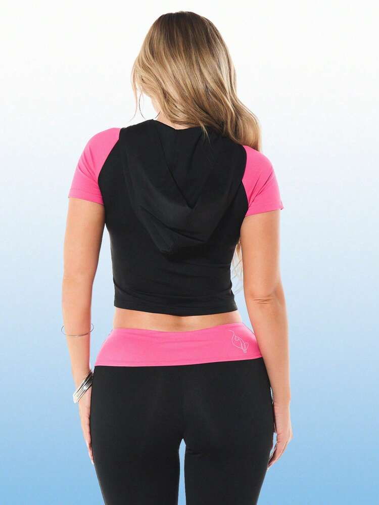 BABYPHAT Women's Zip Up Hooded Cropped Jersey Top With Slogan Print Color Block Raglan Sleeves Y2K Style Fashion Top
