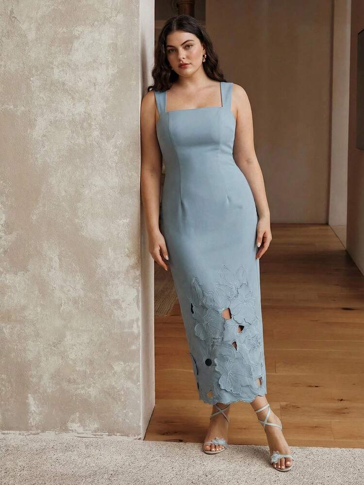 Spring/Summer New Vacation Style Elegant Floral Embroidered Sleeveless Midi Dress With Back Slit, Suitable For Plus Size Women
