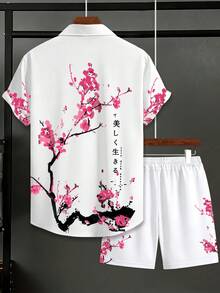 Manfinity RSRT 樱花印花短袖衬衫短裤套装，男士夏季休闲两件套，沙滩度假装，宽松短袖衬衫+短裤套装，“活出美好人生”樱花全印花男士衬衫套装 - 彩色 - 查看 2