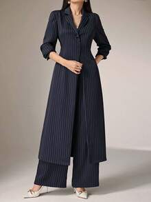 Heiryn 2 件套女士休闲条纹长外套和裤子套装，适合秋季 2 件套 - 藏蓝色 - 查看 6