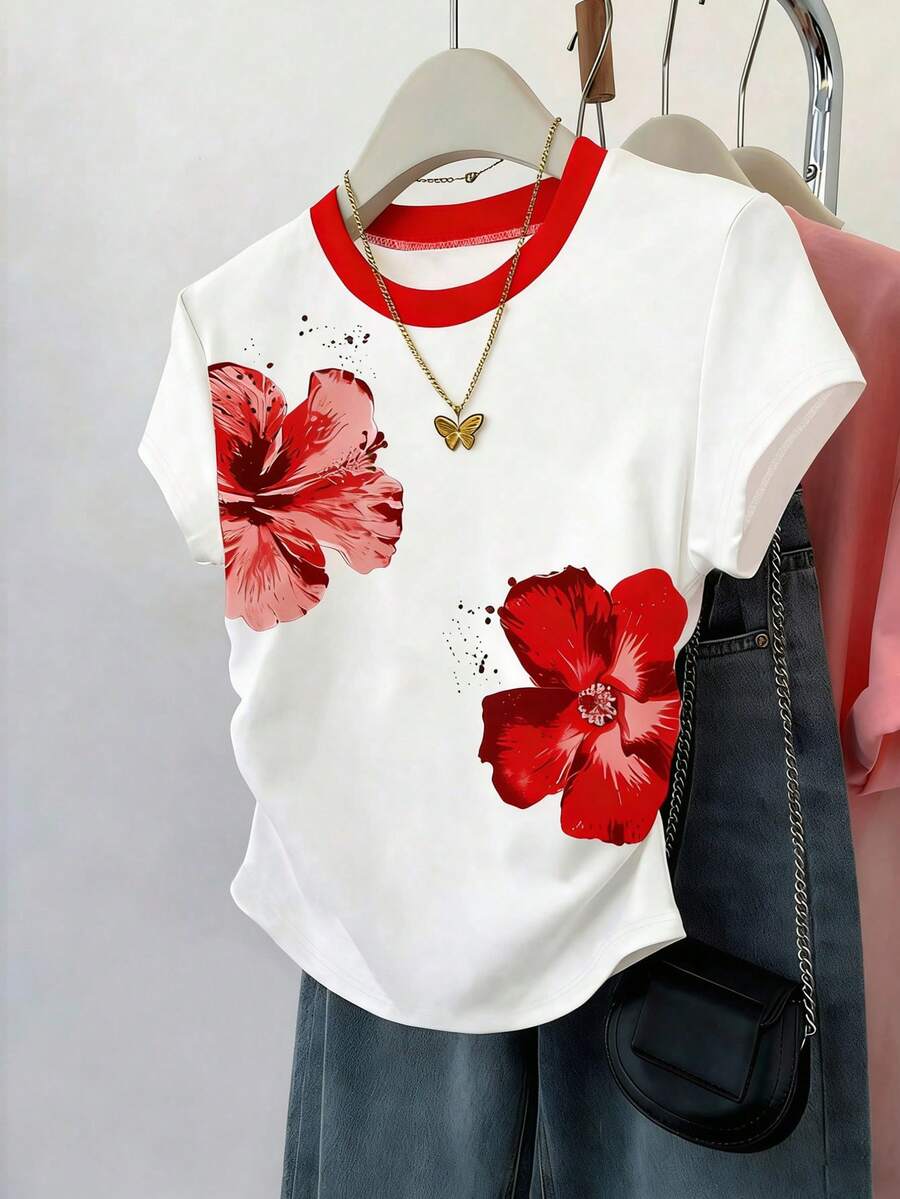 Resyla 女士撞色露脐上衣，夏季新品，修身腰部设计，花卉印花图案，百搭优雅，适合办公室和居家穿着。 - 白色 - 查看 1