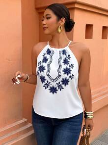 Breezaya Plus Size Women's Vacation Halter Neck Leaf Print Tank Top, Spring/Summer - Multicolor - View 3