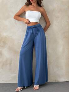 EURMUSE Damen, Frühling, Sommer, lange Länge, locker geschnitten, natürlicher Bund, Lässig, hellblaue Weite Hose, hellblauer Palazzo, blaue fließende Weite Hose, hellblaue Elastische Taille Palazzo, blaue Zugband Weite Hose, hellblauer Hoher Bund Palazzo, blaue Lounge Palazzo Hose, hellblaue Strand Weite Hose, blaue Sommer Palazzo Hose, hellblaue Lässig Weite Hose, blaue Loose Fit Palazzo Hose - Blau - Übersicht 3