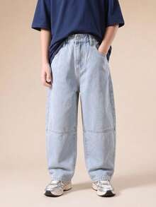 SUMWON 男童宽松版型浅色水洗阔腿牛仔裤，带缝线细节和筒状裤型 - 淺藍色 - 查看 4