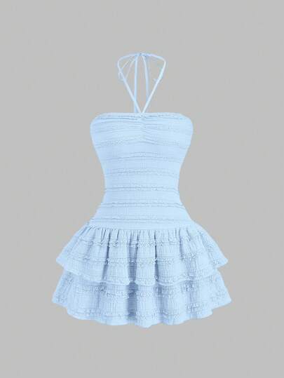 Sweetra Women's Elegant Solid Color Halter Neck Ruffle Hem Waist Cinched Cake Dress, Summer