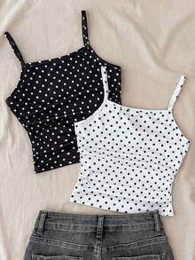 2pcs/Set Tween Girls' Polka Dot Print Fitted Camisole Tops, Casual & Versatile - Black and White - View 2