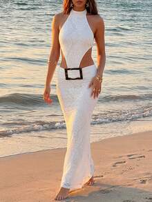 Aloruh 女士性感露背波西米亚提花连衣裙，挂脖鱼尾裙摆，适合海滩度假、优雅度假、性感派对、音乐节等场合。 - 杏色 - 查看 11