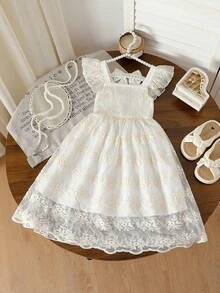 SHEIN Vintaside Kids Girls' Sweet French Style Hollow Back + Cap Sleeve Floral Embroidered Mesh Dress, Summer - White - View 4