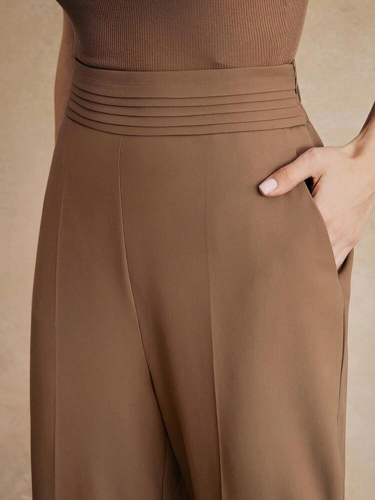Women's Casual Straight Leg Pants With Front Waist Stripes, Side Pockets, Side Zipper, Elastic Waist, Suitable For Commuting