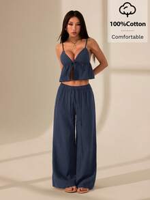 SHEIN PETITE 一套女士藏蓝色棉麻吊带背心和长裤，100%纯棉，舒适 - 藏蓝色 - 查看 6