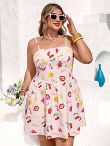 Vivid Eden Plus Size Women's Strawberry & Pineapple Fruit Print Pink Camisole Dress,Cute Summer Boho Beach Holiday Vacation Outfit,Picnic Fruit Print Dress - Pink - View 1