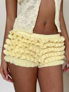 CovetEZ 女士纯色荷叶边休闲百搭日常针织短裤 - 黃色 - 查看 7