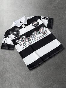 ROMWE MEN Street Life Men's Street Graphic Print Polo Shirt, Suitable For Everyday Wear, Spring/Summer - Black and White - View 8