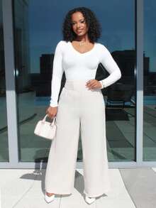 Steph T 夏季裤子女士条纹抽绳腰直筒宽松休闲裤 - 杏色 - 查看 1