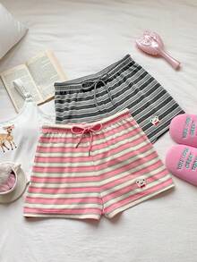 Comfortcana Quần short nữ kẻ sọc phối họa tiết, cạp chun, kiểu dáng thường ngày đa năng, có dây rút. - Nhiều màu - Xem 5