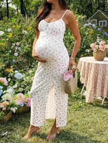 SHEIN Maternity Floral Print Twist Front Split Casual Vacation Cami Dress - Multicolor - View 3