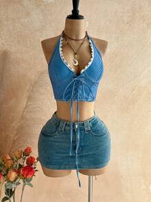 Soleia 性感牛仔蓝束胸露脐上衣，带钢圈和系带 - 藍色 - 查看 5