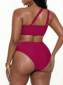 Swim Basics Bikini mùa hè hở lưng cổ bất đối xứng cỡ lớn và quần short bó xếp ly - Hồng - Xem 2