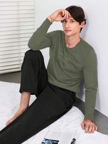 SHEIN Cottnline 100%Cotton Men's Letter Print Long Sleeve Long Pants Homewear Set - Khaki - View 4