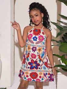 SHEIN Tween Girls' Casual Vacation Tropical Print Halter Dress - Red - View 3