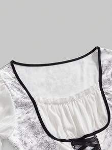 ROMWE Spring/SummergraphicGothic Lolita Skeleton & Thorn Print Contrast Lace Trim Fitted A-Line Skater Dress, Spring/Summer - White - View 11