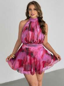 Auralis Đầm mini không tay cổ cao, in họa tiết nhuộm tie-dye, chất liệu lưới, xếp tầng, hở lưng, thích hợp cho kỳ nghỉ, hẹn hò, tiệc trà chiều, du lịch, lễ hội âm nhạc, phong cách boho, cỡ lớn. - Màu Hồng Tươi - Xem 8