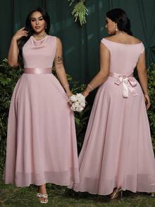 Roveilla 大码优雅纯色圆领无袖连衣裙，夏季 - 粉色 - 查看 14