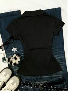 Glimmora Camiseta de mujer / Bordado de lazo / Artesanía de bordado / Camiseta de polo de ajuste ceñido de manga corta, Blusa de moda para mujer / Básica de verano de botón negro de gran / Primavera/Verano - Rosa - Ver 2