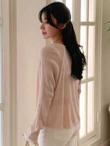 DAZY Women's V-Neck Loose Fit Long Sleeve Lightweight Cardigan - Pink - View 7