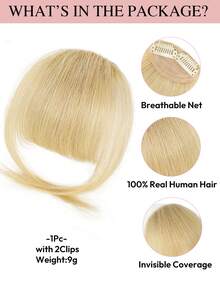 夹式刘海，真人发刘海，带鬓角的刘海，适合女性佩戴，自然逼真，日常佩戴，真人发轻盈刘海，夹式接发（浅金色） - S613 - 查看 3