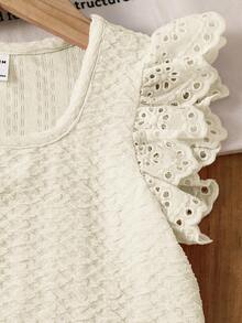 SHEIN Pink,Summer Young Girl Floral Vacation Style Beaded Ruffled Party Tank Tops,Elegant Knitted Lace-Trimmed Short Blouses For Kids Cute Girls Blouse - Beige - View 5