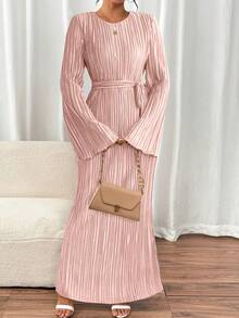 Chiquease Vestido de noche elegante de manga larga con cordones y plisados, unicolor y de lujo para mujeres - Rosa - Ver 4