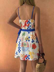 Selianne Women's Tropical Lobster Print Spaghetti Strap Mini Wrap Dress, New Spring/Summer Vacation/Casual Wear - Multicolor - View 2