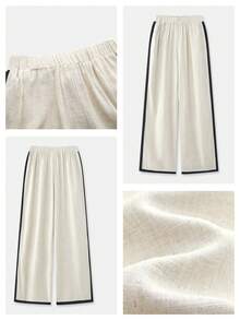 Maija 卡其色女士宽松长裤，黑色滚边，适合度假穿着 - 黑與白 - 查看 2