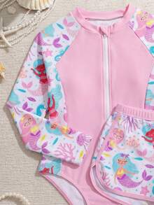 SHEIN 女童比基尼套装，新款时尚女童拼接印花泳衣套装，夏季度假泳衣带防晒衣，长袖泳衣，粉色泳装 - 淺粉色 - 查看 5