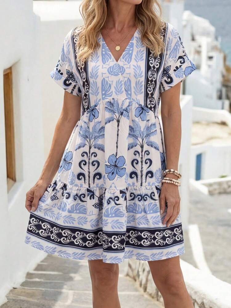 Vestido de muñeca con cuello en V, mangas caídas y dobladillo con volantes, vestido casual de vacaciones con estampado floral, vestido de salida de verano para mujeres, conjuntos de vacaciones de verano, vestidos de vacaciones, vestidos de salida, vestidos de verano para mujeres, vestidos bohemios para mujeres, ropa de resort para mujeres, vestido de vacaciones para mujeres, vestidos de verano para mujeres, vestido de vacaciones para mujeres, conjuntos de verano para mujeres