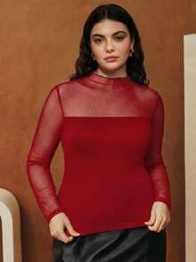 Anewsta Elegant Fashion Casual New Year Party Sexy Sheer Mesh Splice Elastic Fitted Long Sleeve Women's Base Shirt Black Plus Size Tops T-Shirt, Spring/Summer - Red - View 7