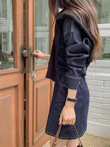 DAZY Solid Button Front Denim Dress - Dark Wash - View 5