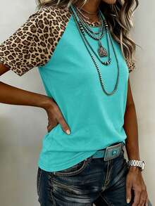 EMERY ROSE Casual Leopard Print Patchwork Short Sleeve T-Shirt, Summer - Multicolor - View 4
