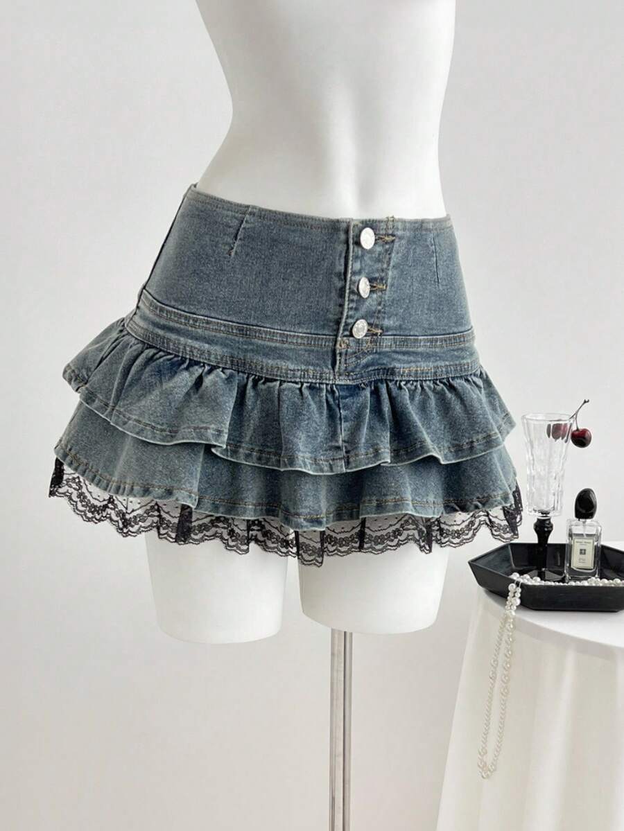 Elamini Minifalda de mezclilla con volantes y dobladillo de encaje, estilo casual de verano para mujer - Lavado ligero - Ver 1