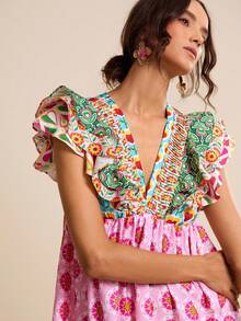 LOTSLUV Gaun Pendek Wanita Model A-Line Leher V dengan Motif Patchwork Bunga Merah Muda dan Kontras, Cocok untuk Musim Panas, Gaya Boho, Pesta Taman, Liburan, dan Liburan Elegan. - MultiWarna - View 6