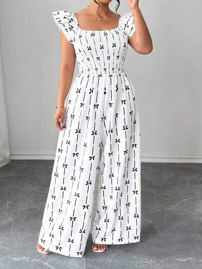 Elenzga Mono largo de verano para mujer de talla grande, elegante y casual, con estampado de rayas, cuello cuadrado, mangas con doble volante, espalda descubierta, lazo en la cintura y efecto estilizante