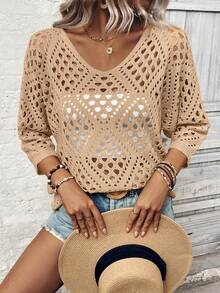 Breezaya 女士宽松休闲七分袖镂空针织上衣 - 杏色 - 查看 5