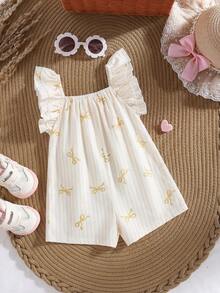 Baby Girl Summer Cute Yellow & White Striped Bow Ruffle Romper Yellow Vintage Baby Girl Clothes Ruffle Sleeve Baby Top 2pcs Set Toddler Girls Cute Vintage Style Bow Print Baby Clothes - Yellow - View 2