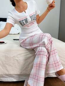 SHEIN Women's Short Sleeve Ribbed Ribbed Letter Print V-Neck Plaid Bubble Crinkle Long Pants Pajama Set - White - View 8
