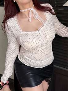 Dazy Plus Plus Size Women's Solid Color Fitted Lace-Up Long Sleeve Cropped T-Shirt, Spring/Autumn - White - View 2