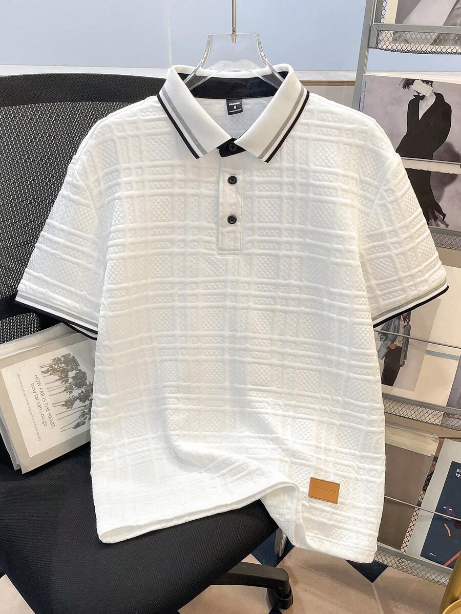 Manfinity Joysei 男士休闲通勤拼接半开襟 Polo 衫 - 白色 - 查看 1