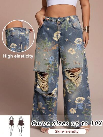 SHEIN CURVE+ Plus Size Vintage Floral Pattern Distressed Pocket Denim Jeans Summer Jeans Summer Outfit For Women Spring Clothing  Easter Jeans Festival  Jeans Elegant Party Jeans Beach Outfit For Women Casual Jeans For Women Holiday Outfits For Women  Vacation Jeans Beach Vacation Outfits For Women Floral Jeans Blue Jeans Plus Size High Elasticity Floral Print Distressed Wide Leg Jeans For Women Skin Friendly Comfort